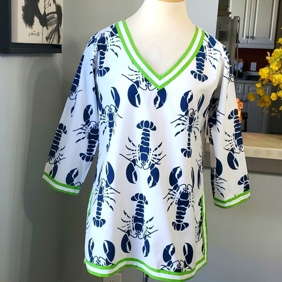GRETCHEN SCOTT, women's tunic top. V neck,‎ 3/4 sleeves. White w/blue lob… - Picture 1 of 13